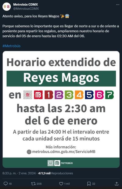 El Metrobús funcionará hasta las 2:30 am del 6 de enero, según informó el gobierno capitalino. (Foto: Metrobús CDMX)