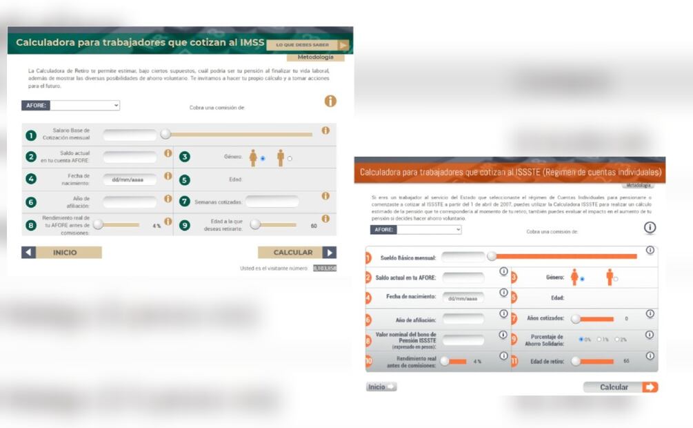 Calculadoras de la Consar para trabajadores del IMSS o del ISSSTE. (Foto: Captura de pantalla)