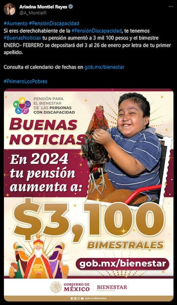 Este 2024, las personas con discapacidad que sean beneficiarias recibirán 3 mil 100 pesos bimestrales, informó Ariadna Montiel. (Foto: Captura)