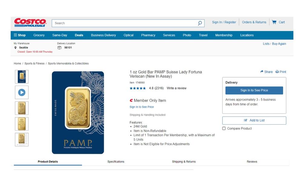 Costco vende lingotes de oro. (Foto: Captura de pantalla)