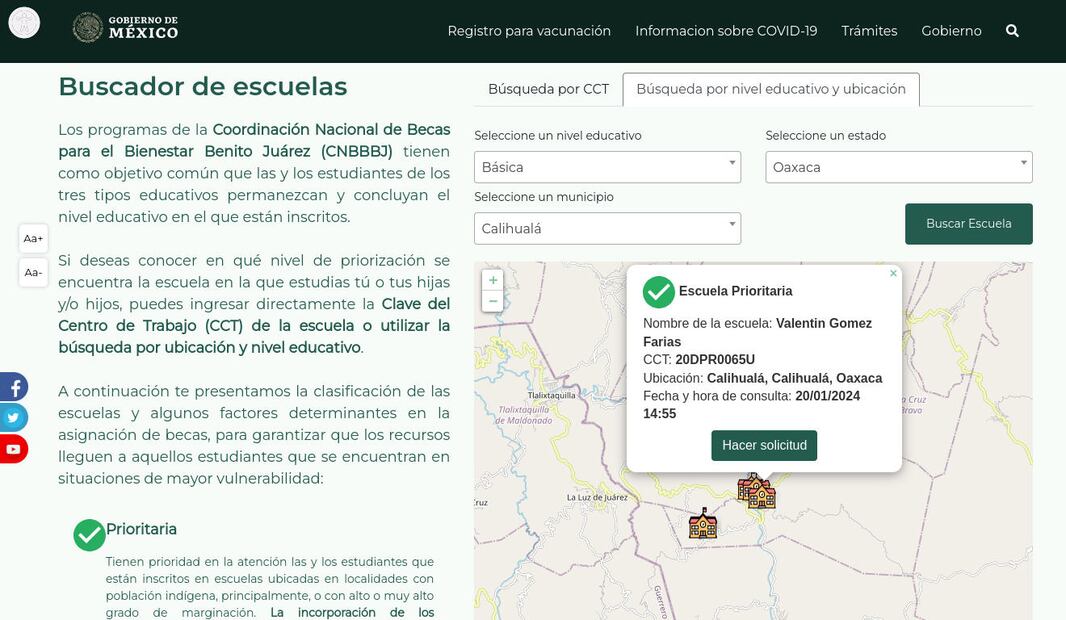 Las escuelas con atención prioritaria mostrarán un botón verde para hacer la solicitud. (Foto: Captura)
