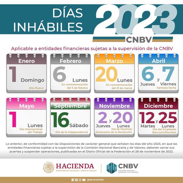 Calendario de la CNBV de  los días inhábiles de las instituciones financieras en México. (Foto: Redes Sociales)