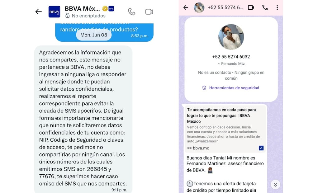 Clientes de BBVA reportan mensajes sospechosos; el banco aclara qué contactos sí reconoce. (Foto: captura de pantalla)