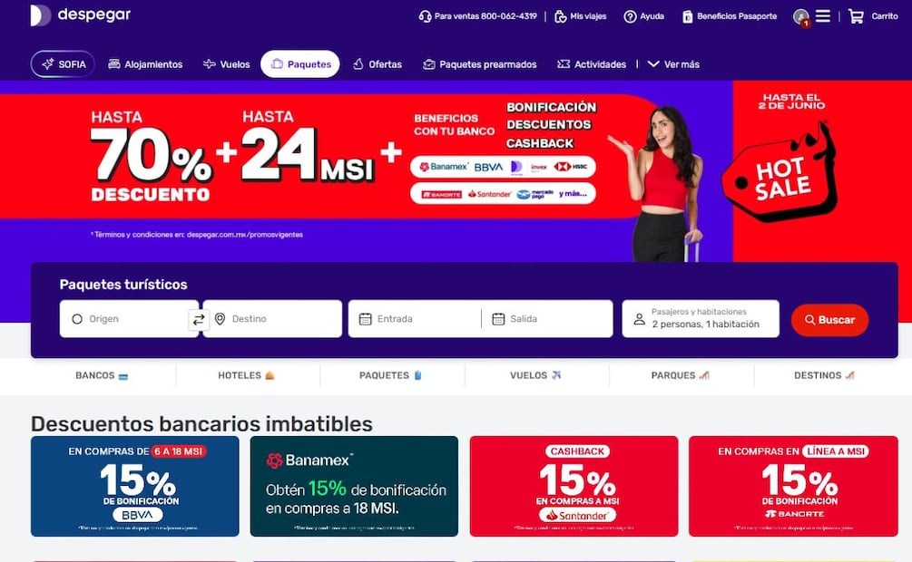 ¿Viajas en Hot Sale? Estos son los descuentos ocultos de BBVA, Banamex y HSBC en Despegar. (Foto: Captura de pantalla)