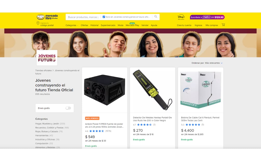 Tienda oficial de Jóvenes Construyendo el Futuro en Mercado Libre. (Foto: Captura de pantalla)