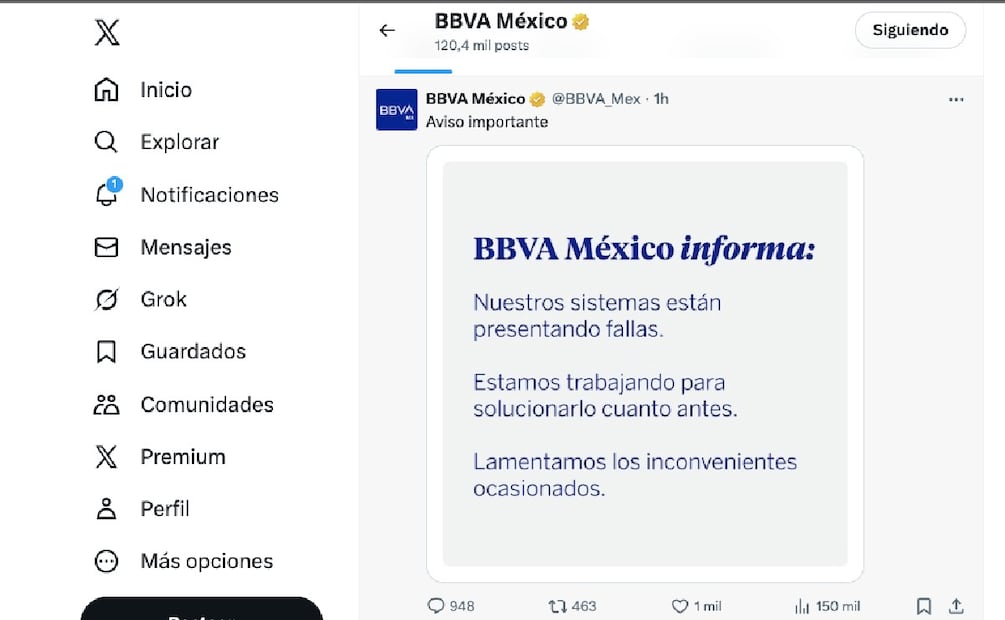 ¿Qué pasó con BBVA México este lunes 13 de octubre? (Foto: Captura de X)