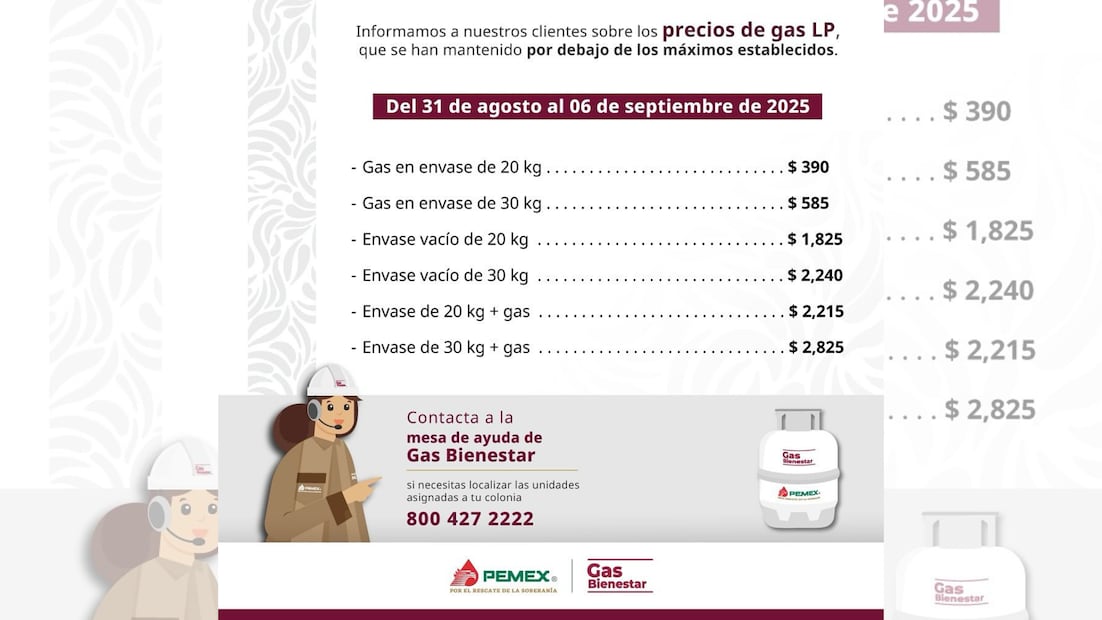 Gas Bienestar y sus precios del 31 de agosto al 6 de septiembre (Foto: Captura de pantalla Facebook Gas Bienestar)
