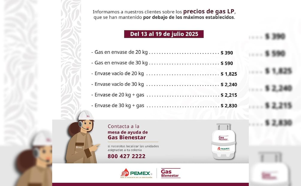 Precios del gas bienestar del 13 al 19 de julio de 2025 (Foto: Captura de pantalla-Facebook Gas Bienestar)