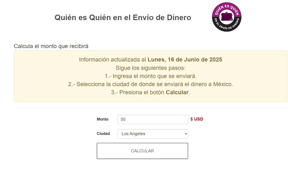 Calculadora de remesas. (Foto: Captura de pantalla)