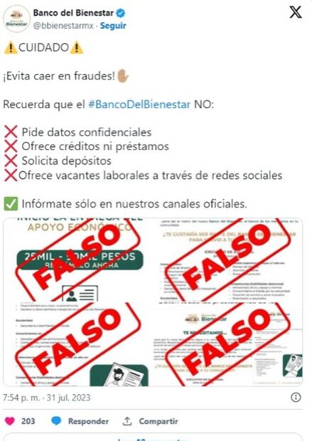 Advertencia en "x" por parte del Banco del Bienestar. (Foto: Redes Sociales)