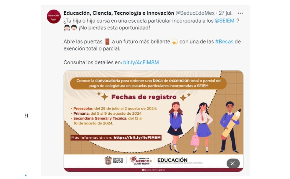 Convocatoria de beca para escuelas particulares en Edomex. (Foto: Captura de pantalla)