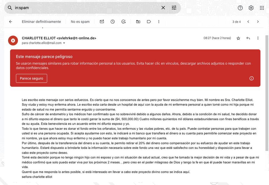 Nos llega correo con este mensaje y Google nos notifica que se trata de suplantación de identidad.