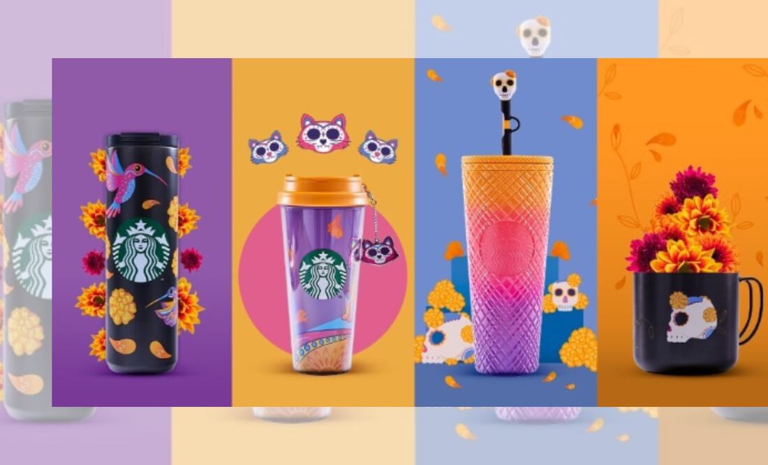 La colección Starbucks Día de Muertos 2025 rinde homenaje al folklor mexicano con colores vibrantes y símbolos tradicionales (Foto: Captura de pantalla-Starbucks)