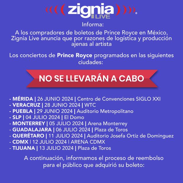 Comunicado que compartió Zignia Live. (Foto: Redes sociales)