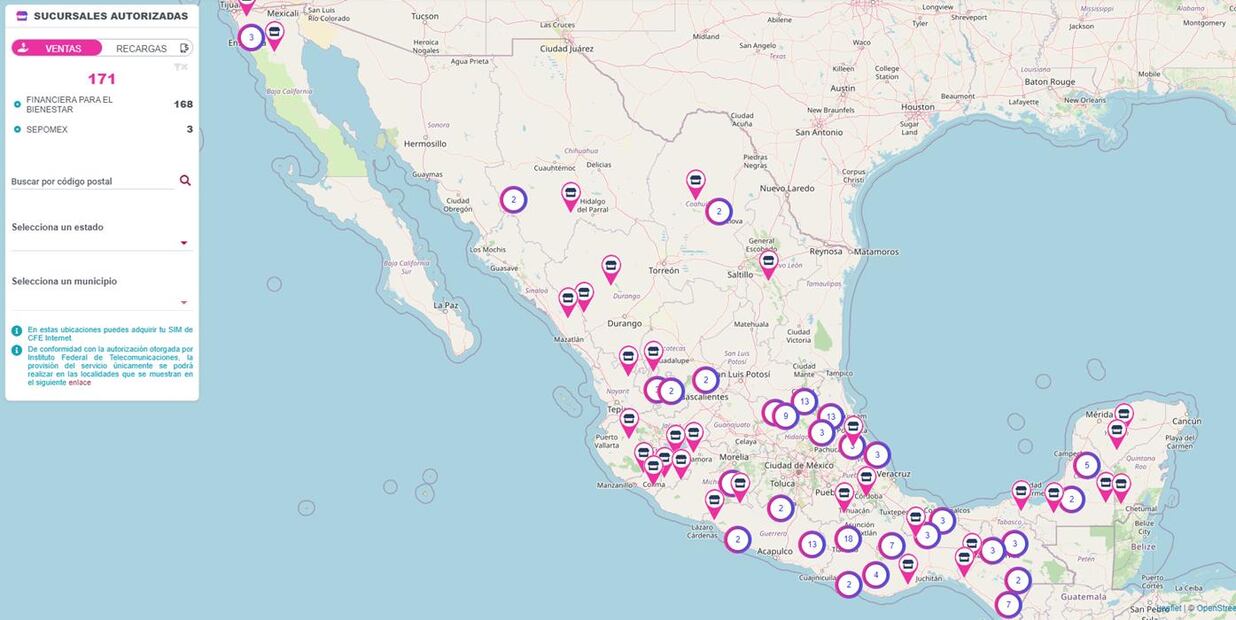 Distribución de las sucursales para obtener la tarjeta SIM de CFE TEIT. (Foto: Captura)