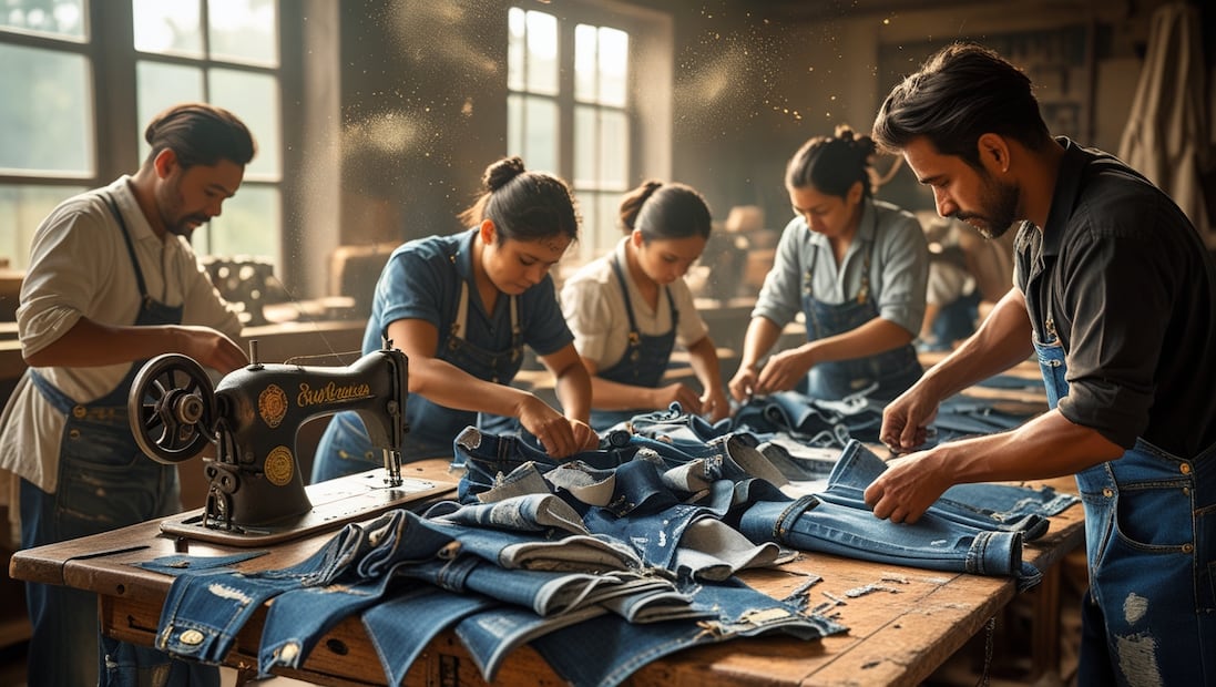 Trabajadores de jeans de marcas como Levis Guess y Hugo Boss en Puebla (Foto: IA)