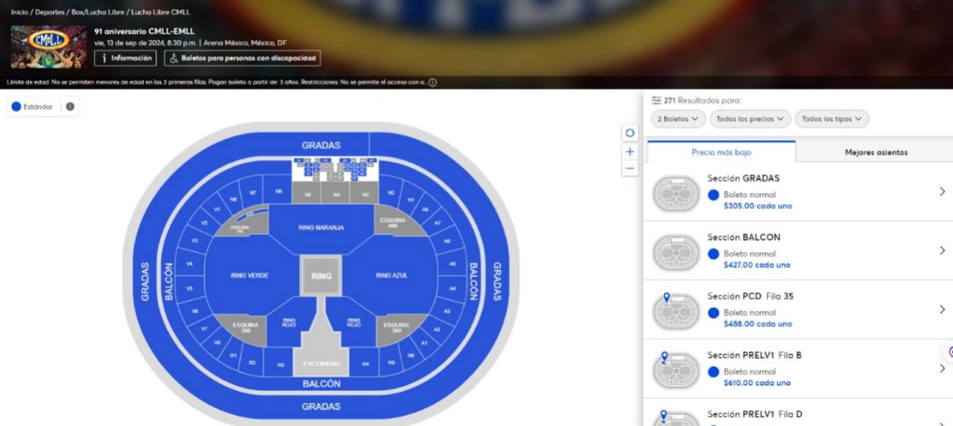 Mapa de las secciones  para los boletos del 91 aniversario del CMLL. (Foto: Captura de pantalla)