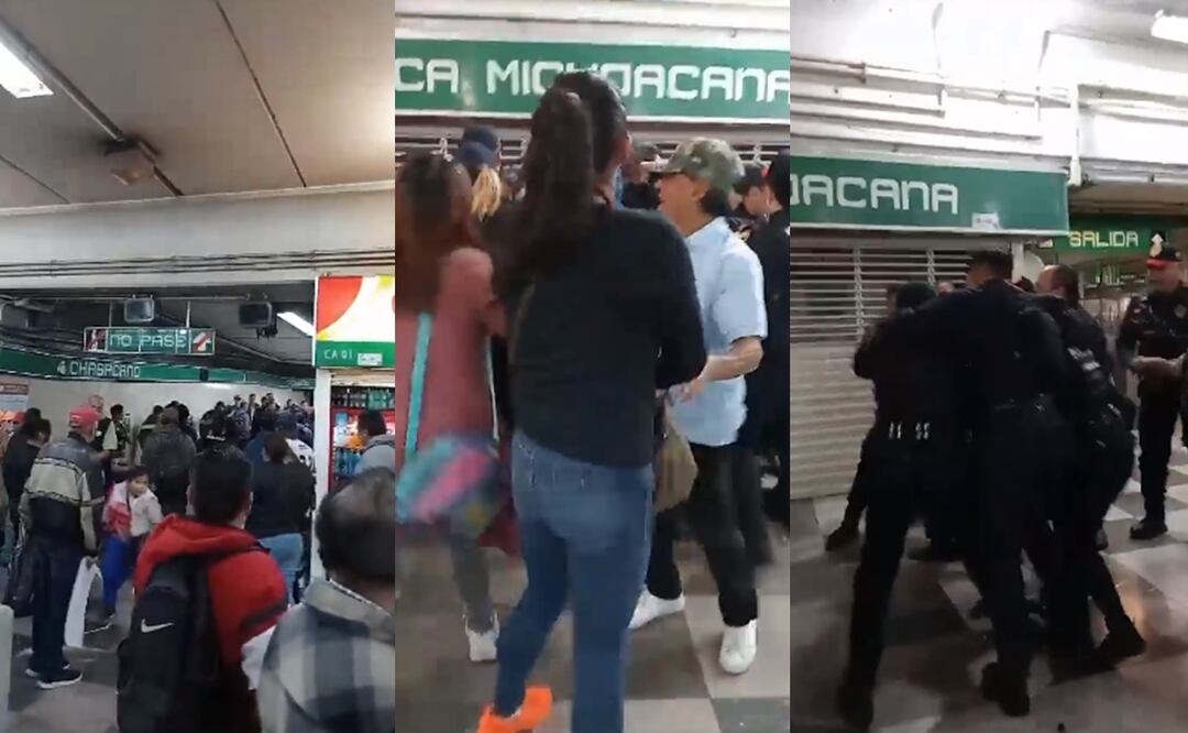 Pelea dentro del Metro CDMX, ahora comerciantes contra policías. (Foto: Capturas de pantalla)