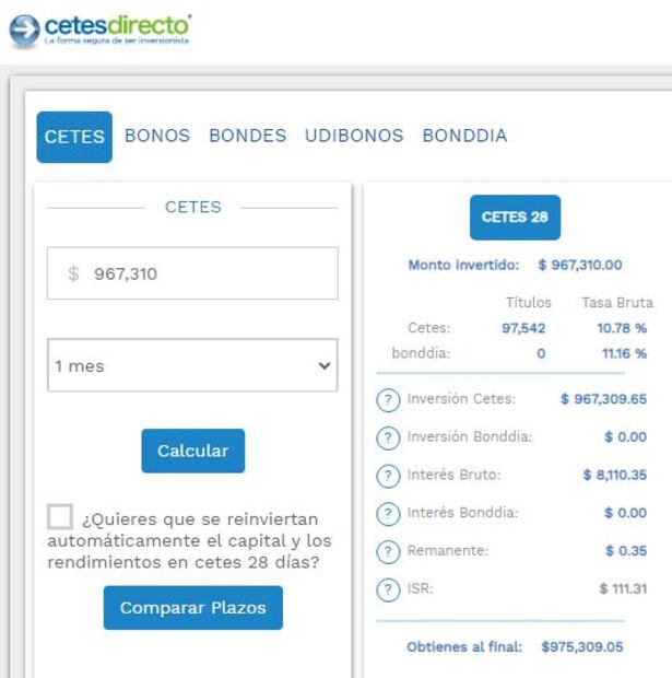 Se puede estimar los rendimientos de una inversión con la calculadora de Cetesdirecto. (Foto: Captura)