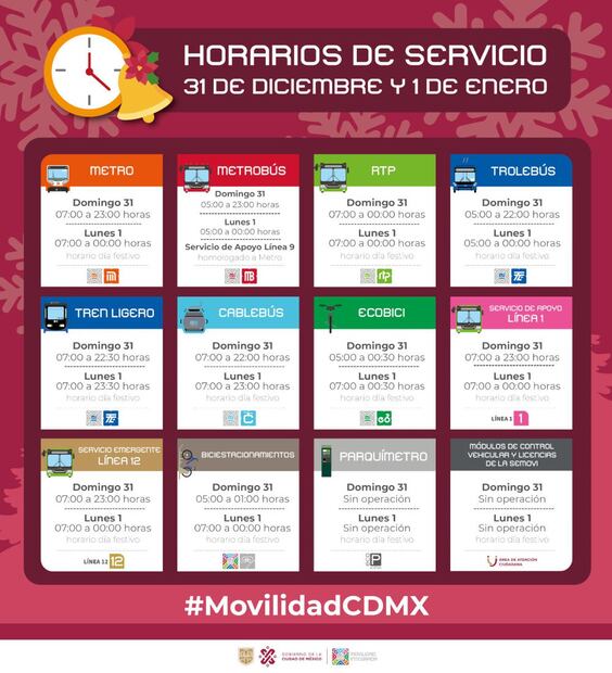 Horarios del transporte público en CDMX para el 31 de diciembre de 2023 y 1 de enero de 2024. (Foto: Semovi)
