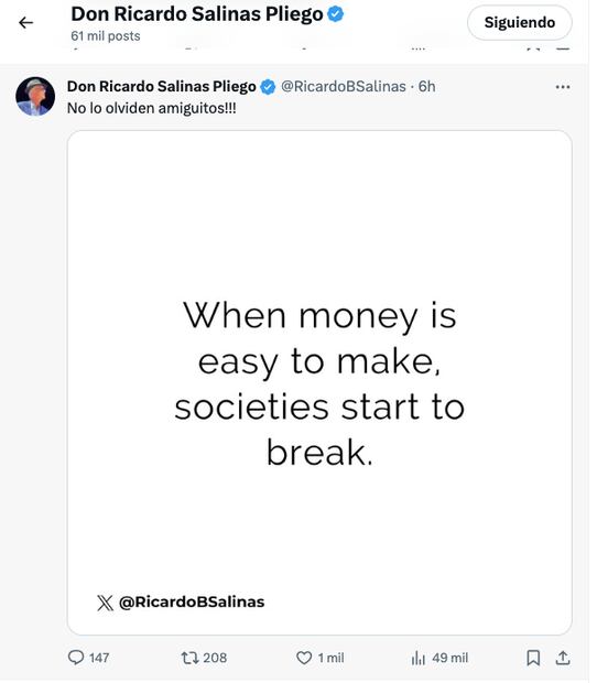Mensaje de Ricardo Salinas Pliego en redes sociales.