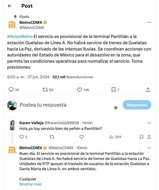 Aviso del Metro en X. (Foto: Redes sociales)