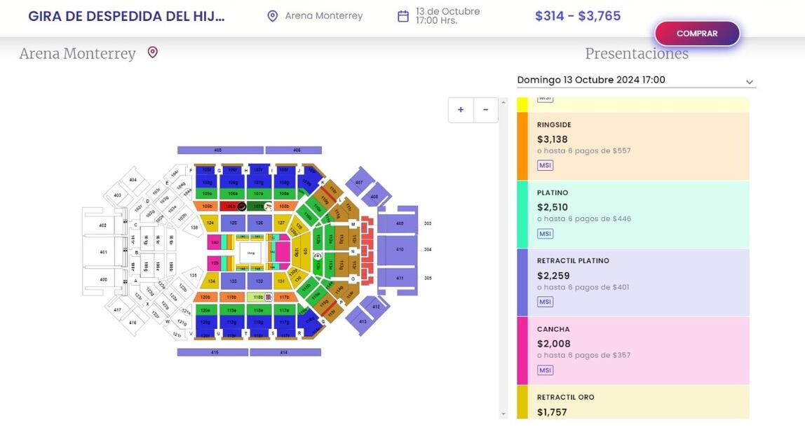 Secciones para la gira de despedida del Hijo del Santo en la Arena Monterrey. (Foto: Captura de pantalla)