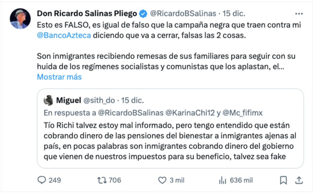 Mensaje de Ricardo Salinas Pliego en redes sociales.