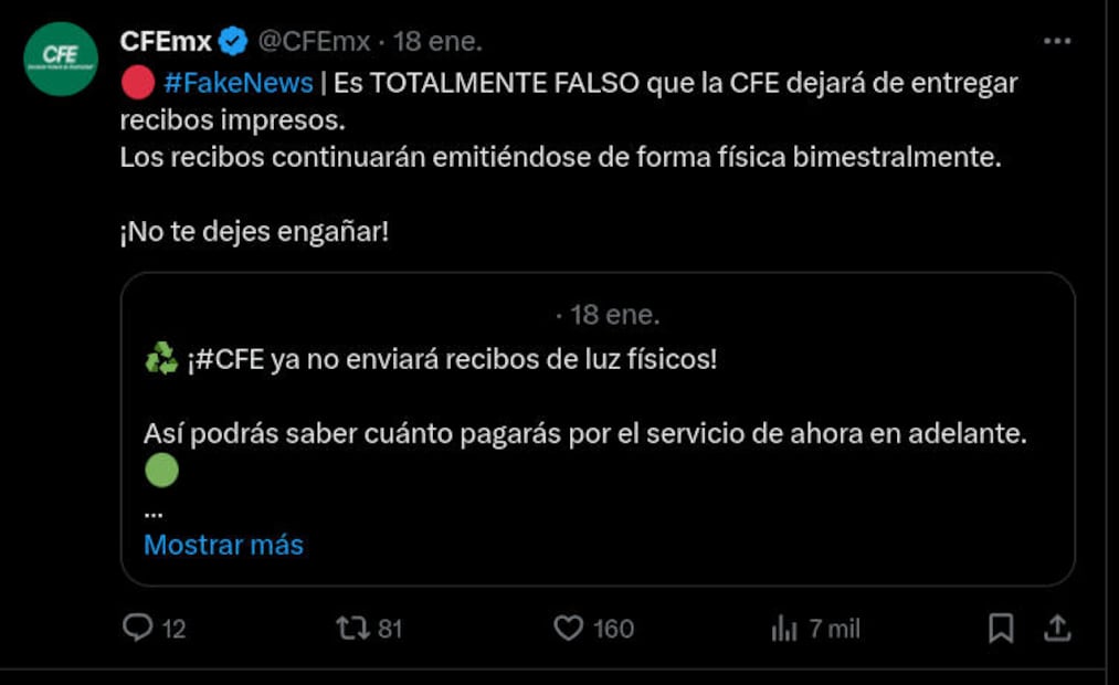 La Comisión Federal de Electricidad afirmó que es "totalmente falso" que ya no vaya a entregar recibos impresos. (Foto: Captura)