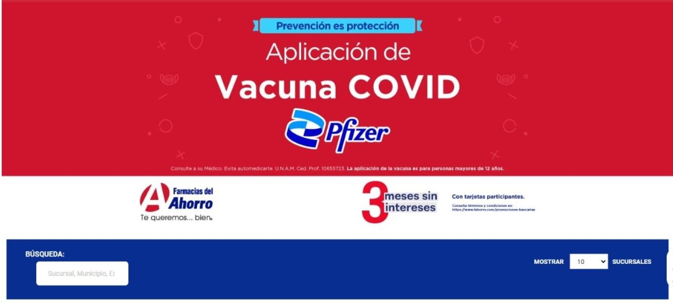 Mediante la página web de las Farmacia del ahorro, se ofrece la vacuna de Pfizer (Foto: Captura de pantalla)