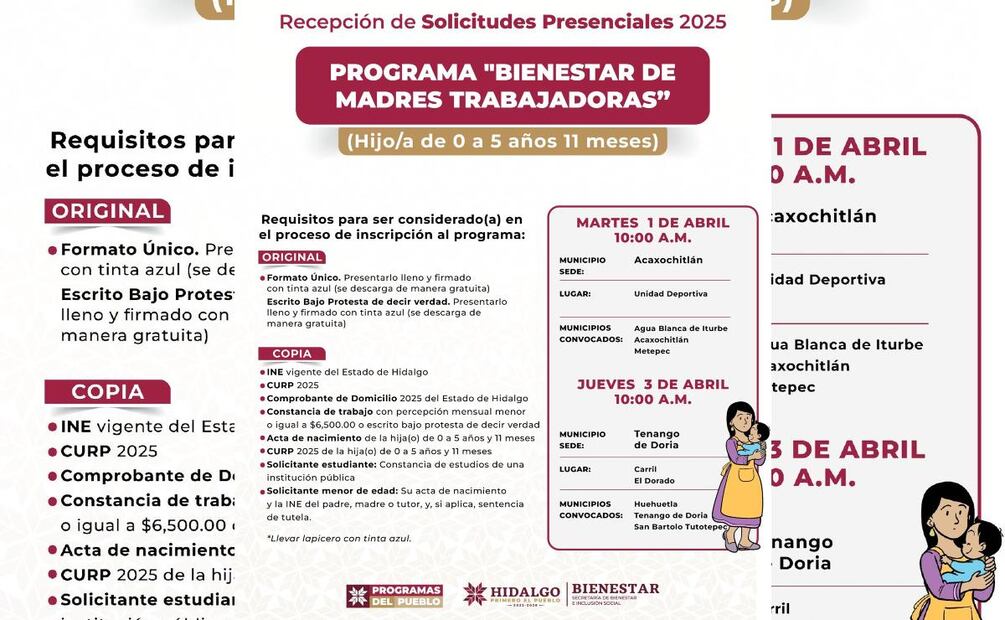 Programa de apoyo a Madres Trabajadoras 2025 (Foto: Facebook Secretaría de Bienestar e Inclusión Social Hidalgo)