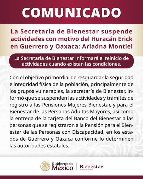 Comunicado de la Secretaría del Bienestar. (Foto: X de Ariadna Montiel)