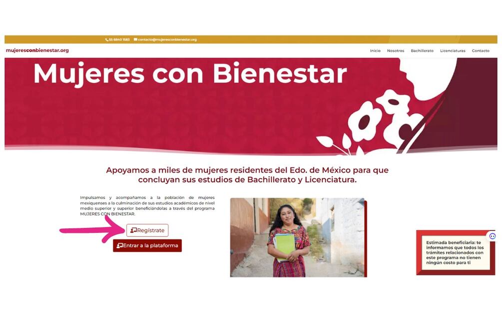 Pagina de registro para Bachillerato y Universidad de Mujeres con Bienestar. (Foto: Captura de pantalla)