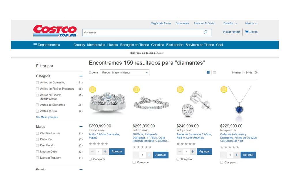 Venta de joyería con diamantes en Costco. (Foto: Captura de pantalla)