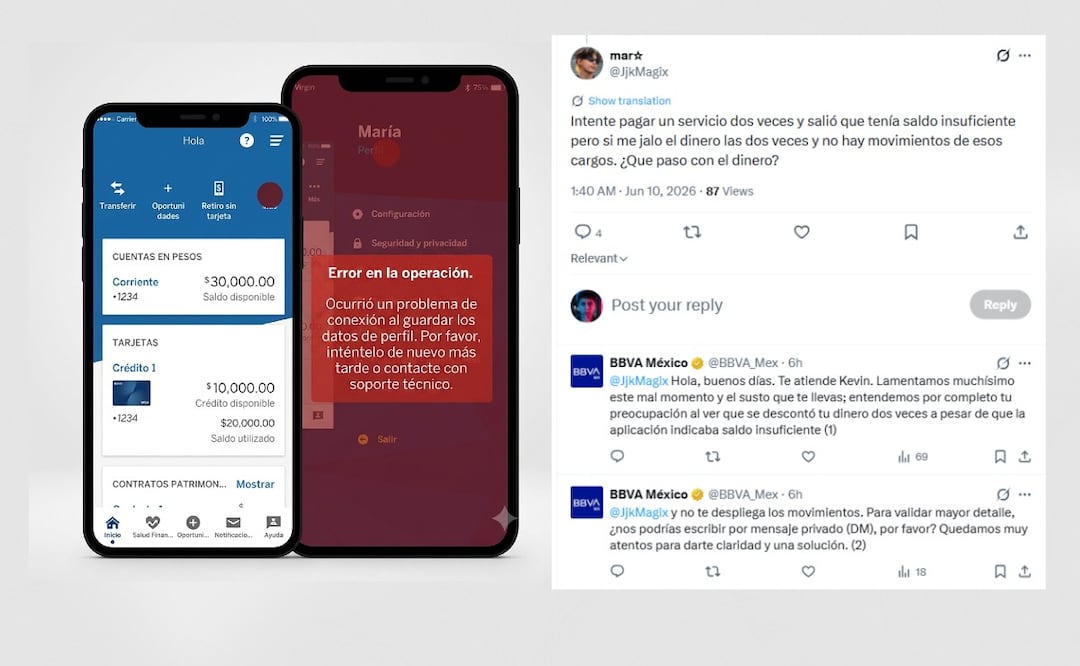 Problemas en app BBVA: clientes reportan pagos rechazados, cargos aplicados y retiros bloqueados. (Foto: Captura de pantalla / creada con IA)