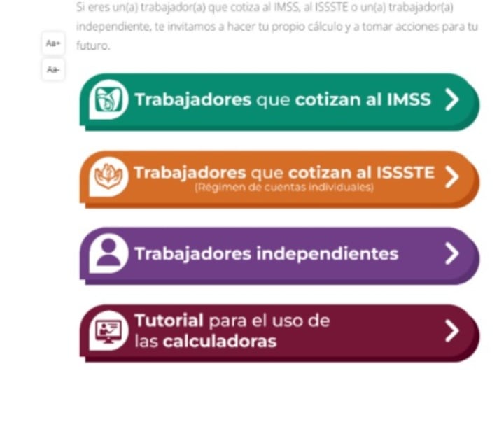 Opciones de calculadoras de la Consar. (Foto: Captura de pantalla)