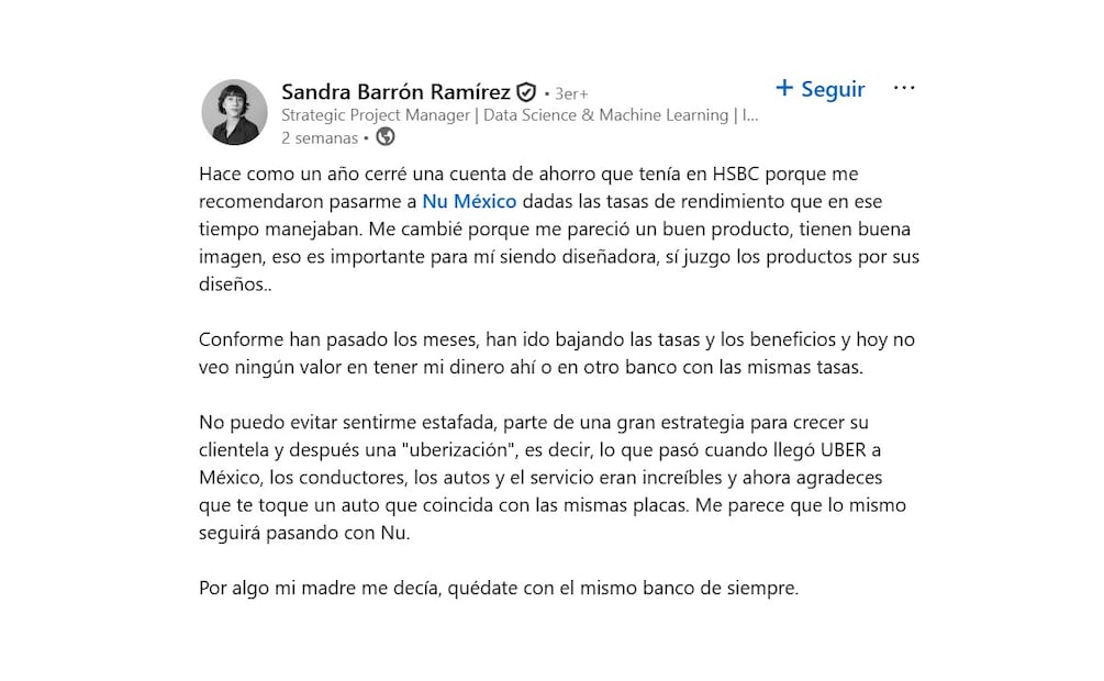 Nu decepciona a usuaria tras dejar HSBC: la verdad sobre rendimientos y por qué se siente estafada. (Foto: cpautra de pantalla)