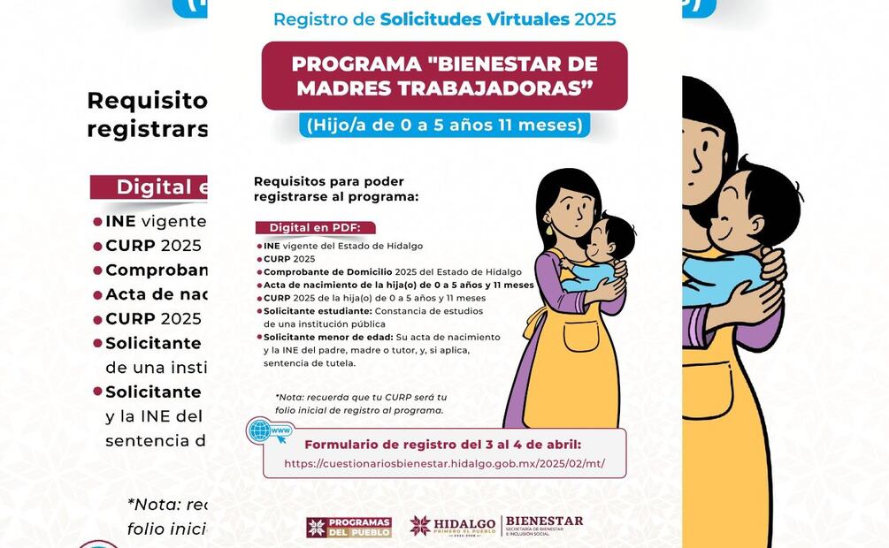 Programa de apoyo a Madres Trabajadoras 2025 (Foto: Facebook Secretaría de Bienestar e Inclusión Social Hidalgo)