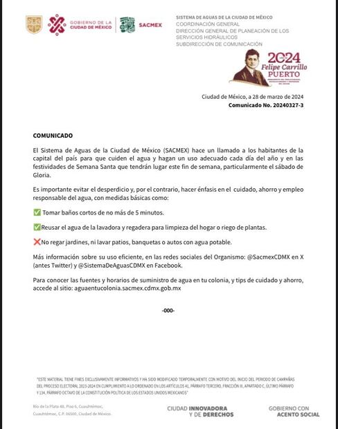 Este es el comunicado que compartió la Sacmex en su cuenta de X. (Foto: Captura de pantalla)