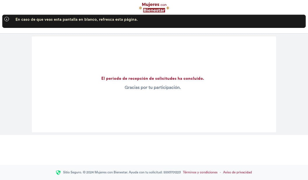 Al momento de publicar esto, la plataforma de Mujeres con Bienestar 2024 no permite realizar nuevas solicitudes. (Foto: Captura)