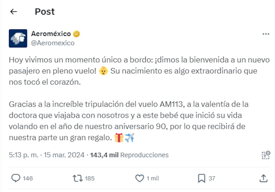¿Obtienes vuelos gratis de por vida si naces en un avión? (Foto: Aeroméxico redes sociales)