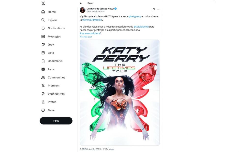 Boletos para Katy Perry. (Foto: X de Ricardo Salinas)