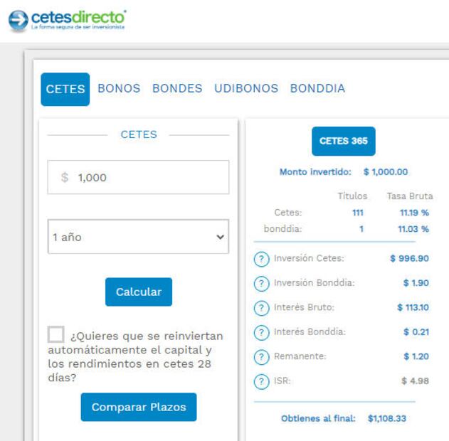 Cálculo de rendimientos e impuestos por invertir mil pesos en Cetes a un año. (Foto: Captura)