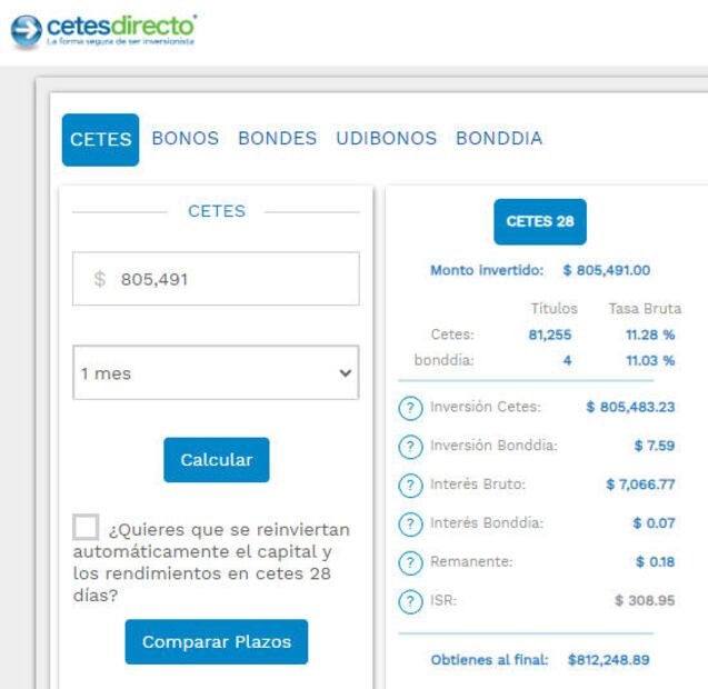 Cetesdirecto ofrece una calculadora para estimar ganancias, pero únicamente con fines ilustrativos. (Foto: Captura)