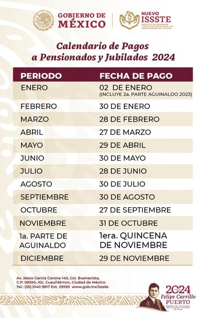 Este es el calendario que compartió el ISSSTE en sus canales digitales. (Foto: DeDinero)