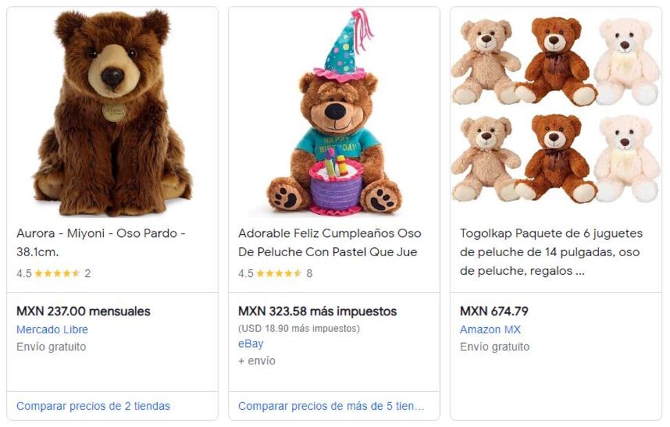 Los Ositos de Peluche o "Teddy" tienen precios variados en sitios de comercio electrónico. (Foto: Captura)