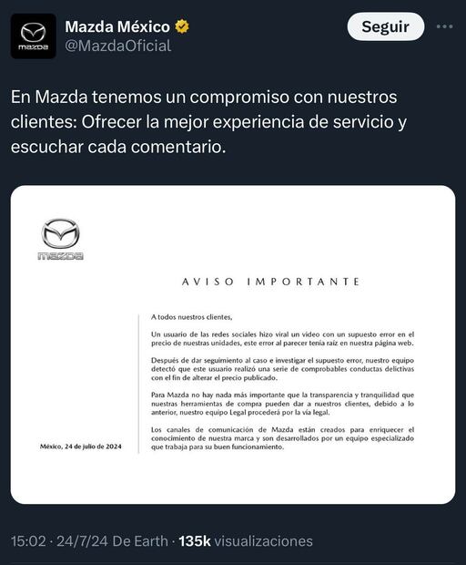 Comunicado de Mazda sobre presunto error en precio publicado.