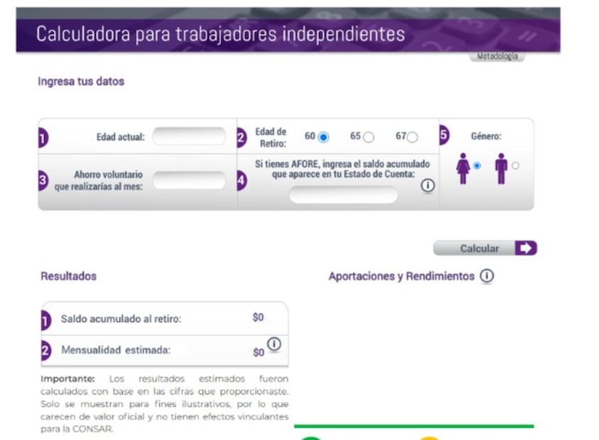 Calculadoras de la Consar para trabajadores independientes. (Foto: Captura de pantalla)