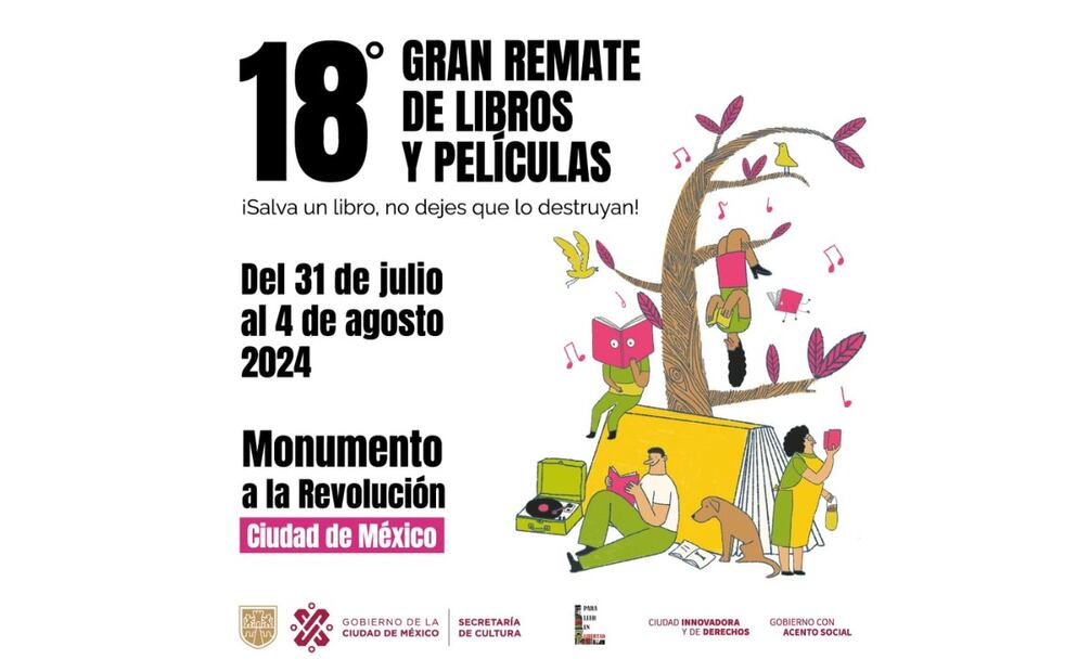 Cartel de la 18 edición del gran remate de libros y películas en el Monumento a la Revolución. (Foto: Captura de pantalla)