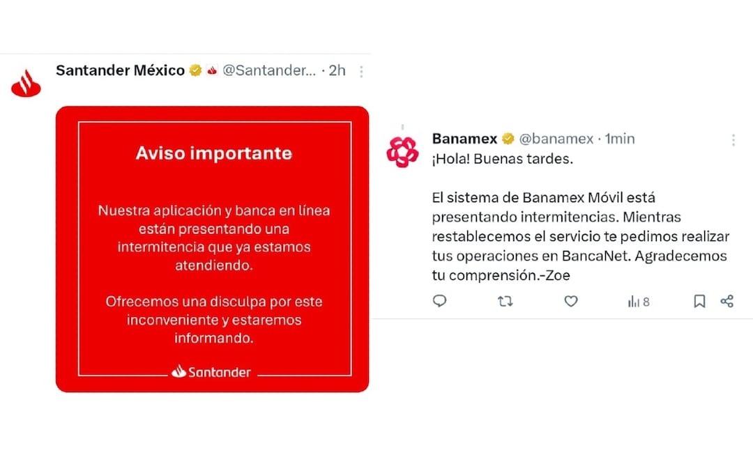 Se caen apps de BBVA, Santander y Banamex en plena quincena y clientes revisan si ya funcionan. (Foto: captura de pantalla)
